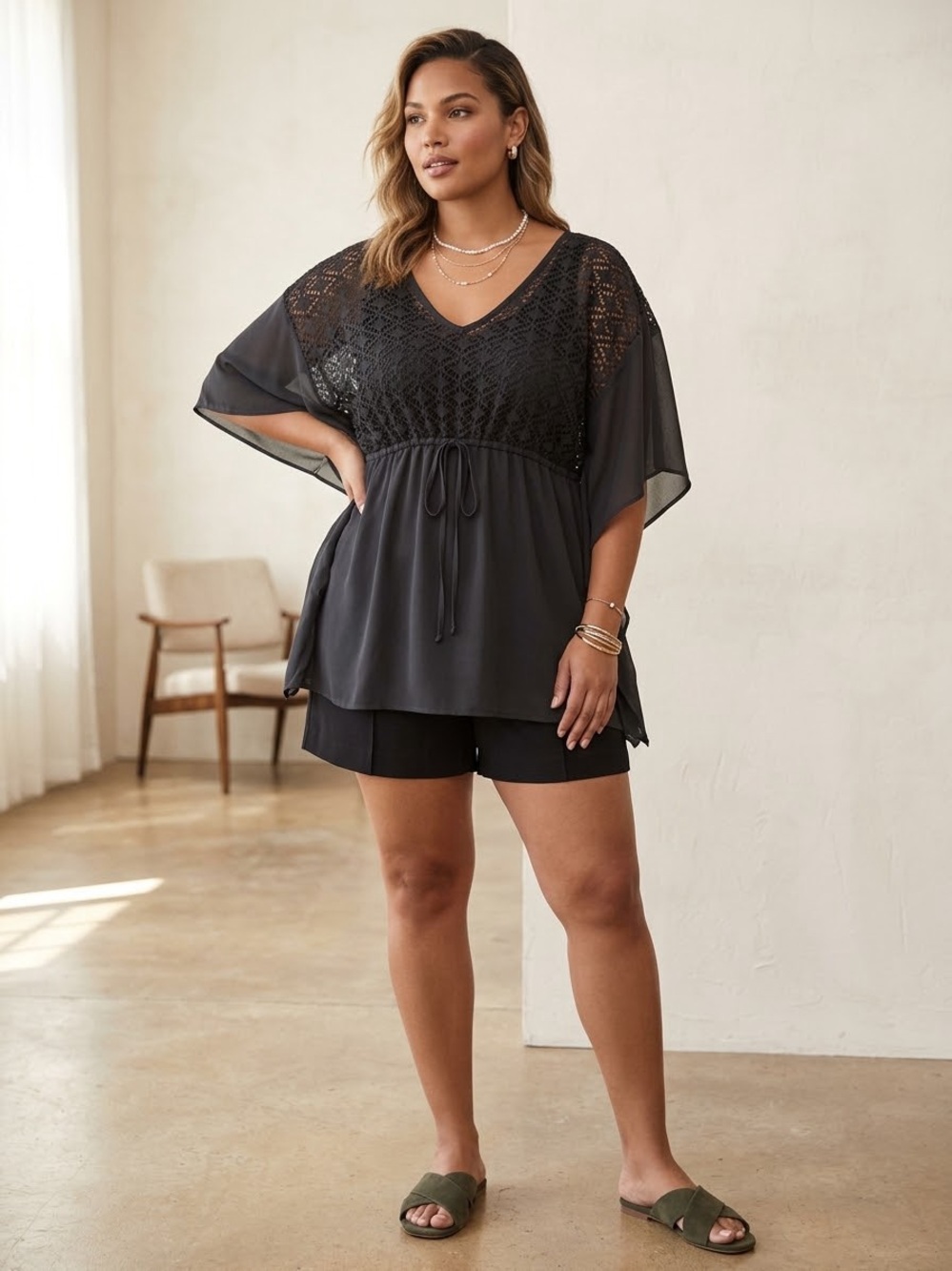 Miken Fluttered Crochet-Front Chiffon Swim Cover-Up Black Medium.